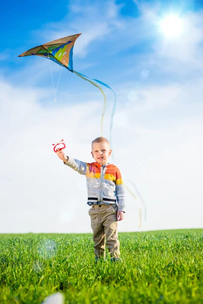 Young boy playing with his kite in a green field. — Stock Photo, Image