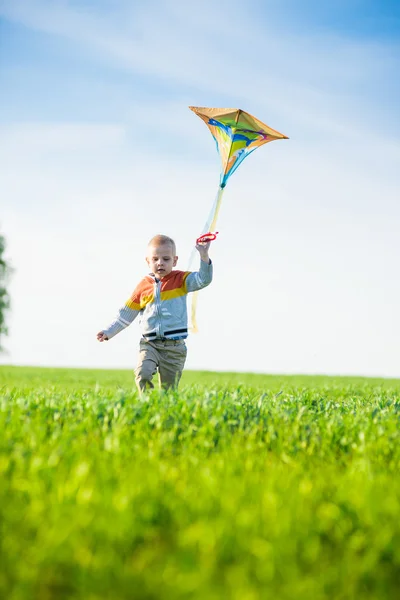 Niño jugando con su cometa en un campo verde . — Foto de Stock