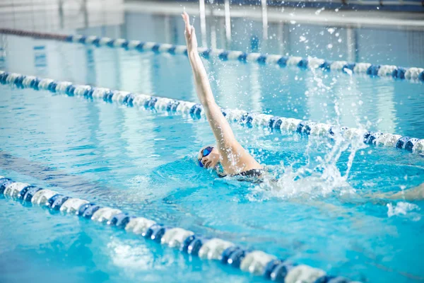 Молодая девушка в очках, плавающая в стиле фронтального инсульта — стоковое фото