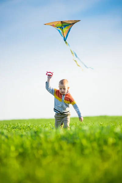 Niño jugando con su cometa en un campo verde . — Foto de Stock