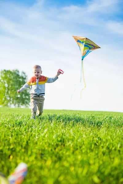 Genç çocuk onun uçurtma yeşil alan ile oynarken. — Stok fotoğraf
