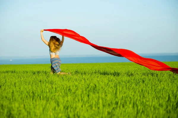 Gelukkig jonge vrouw in een tarweveld met stof. Zomer levensstijl — Stockfoto