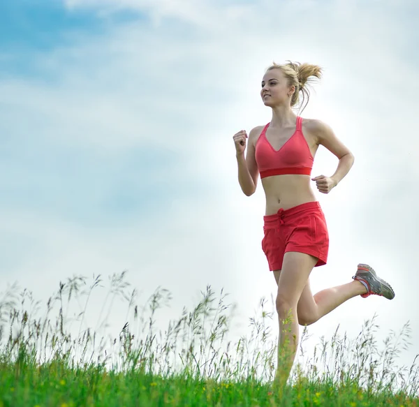 Young woman running summer park rural road. Outdoor exercises. J — Stock Photo, Image