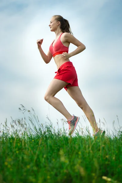 Young woman running summer park rural road. Outdoor exercises. J — Stock Photo, Image