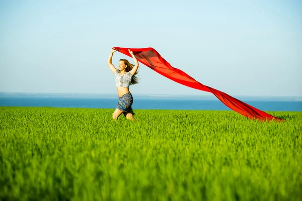 Joven mujer feliz en el campo de trigo con tela. Estilo de vida — Foto de Stock