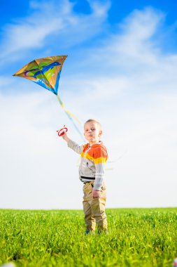 Genç çocuk onun uçurtma yeşil alan ile oynarken.