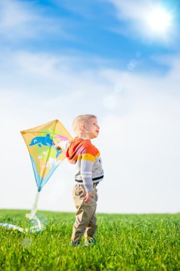 Genç çocuk onun uçurtma yeşil alan ile oynarken.