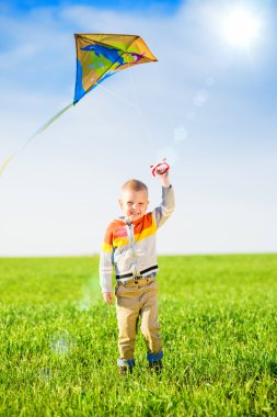 Genç çocuk onun uçurtma yeşil alan ile oynarken.