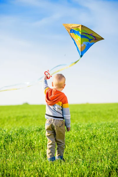 Junge spielt mit seinem Drachen auf der grünen Wiese. — Stockfoto