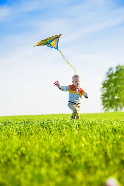 緑のフィールドで彼の凧で遊ぶ少年. — ストック写真
