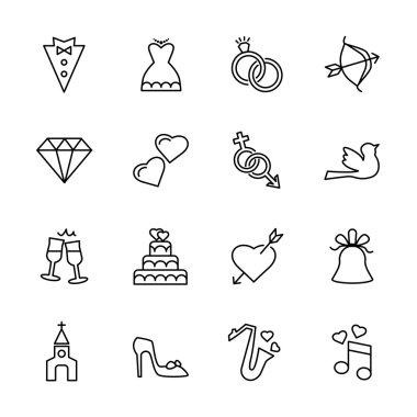 ince çizgi düğün simge seti, vektör eps10