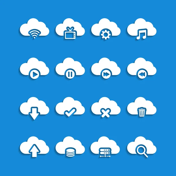 Computación en nube con conjunto de iconos de sombra, vector eps10 — Vector de stock