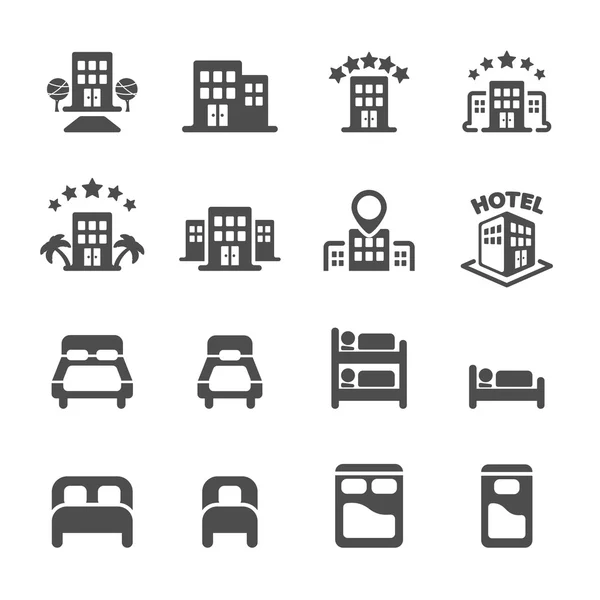 Edificio del hotel y dormitorio icono conjunto, vector eps10 — Vector de stock