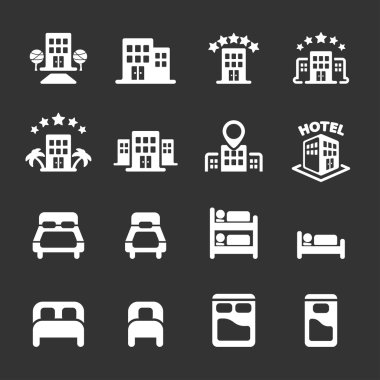 otel binası ve yatak odası simge seti, beyaz versiyonu, eps10 vektör