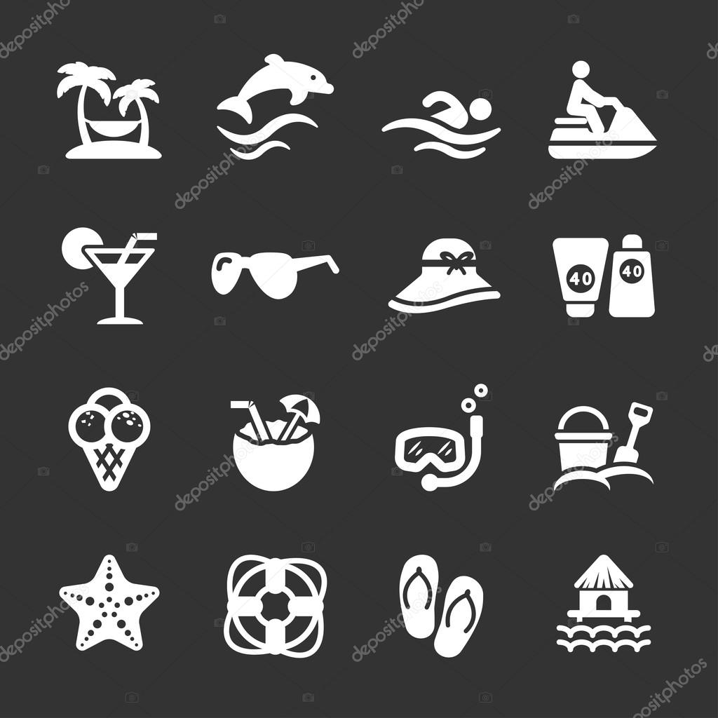 Travel and summer beach icon set, white version, vector eps10.