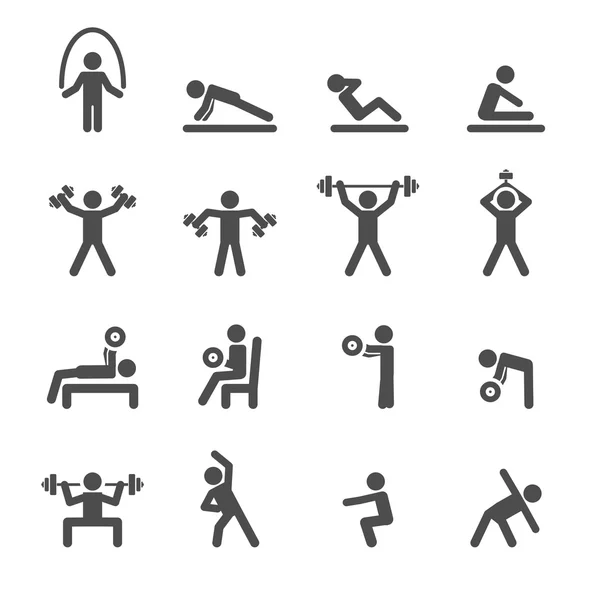 Les gens font de l'exercice dans le jeu d'icônes de fitness, vecteur eps10 — Image vectorielle