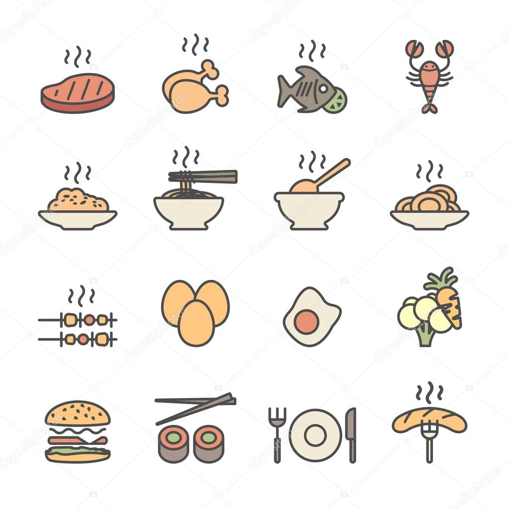 food icon set, flat line color version, vector eps10