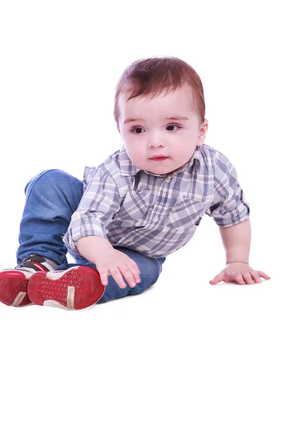 青いズボンの小さな男の子の肖像画 — ストック写真