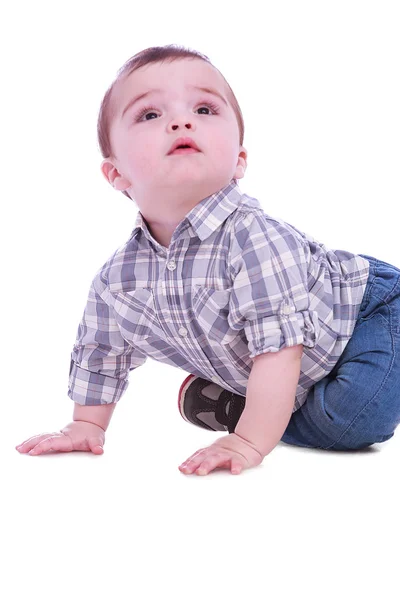 Portrait de petit garçon en pantalon bleu — Photo