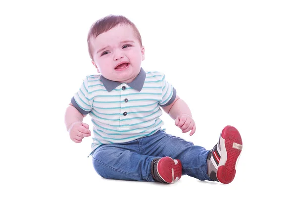 Retrato de menino pequeno em calças azuis — Fotografia de Stock