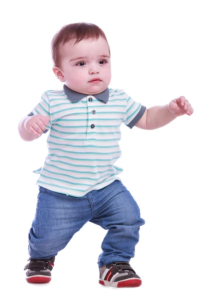 Portret van de kleine jongen in blauwe broek — Stockfoto