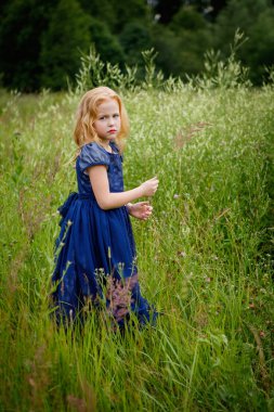 Mavi elbiseli güzel küçük kız portresi