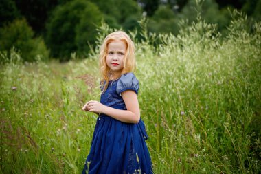 Mavi elbiseli güzel küçük kız portresi