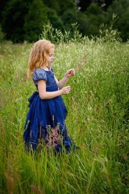 Mavi elbiseli güzel küçük kız portresi