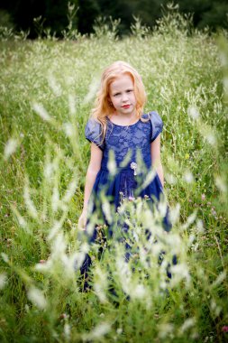 Mavi elbiseli güzel küçük kız portresi