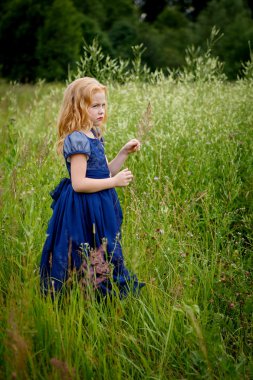 Mavi elbiseli güzel küçük kız portresi