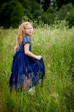Mavi elbiseli güzel küçük kız portresi