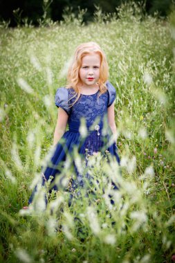 Mavi elbiseli güzel küçük kız portresi