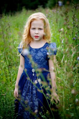 Mavi elbiseli güzel küçük kız portresi