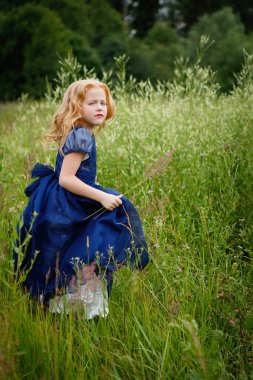 Mavi elbiseli güzel küçük kız portresi