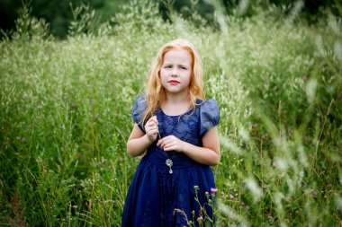 Mavi elbiseli güzel küçük kız portresi