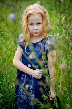 Mavi elbiseli güzel küçük kız portresi