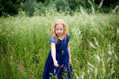 Mavi elbiseli güzel küçük kız portresi