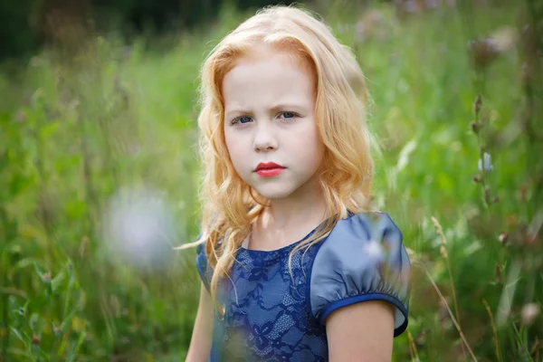Портрет красивой маленькой девочки в синем платье — стоковое фото