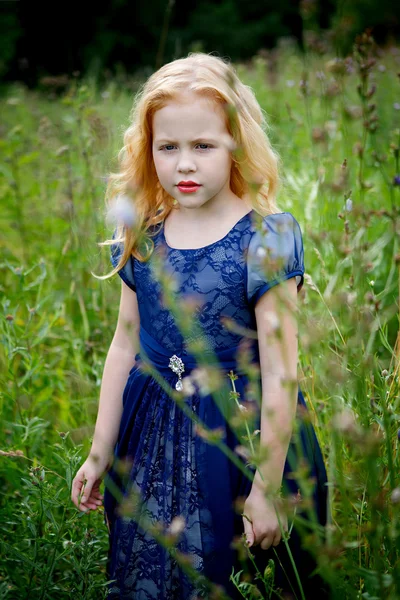 Portrait de belle petite fille dans la robe bleue — Photo