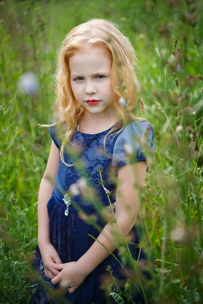 Porträt der schönen kleinen Mädchen im blauen Kleid — Stockfoto