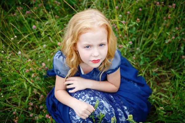 Portrait de belle petite fille dans la robe bleue — Photo