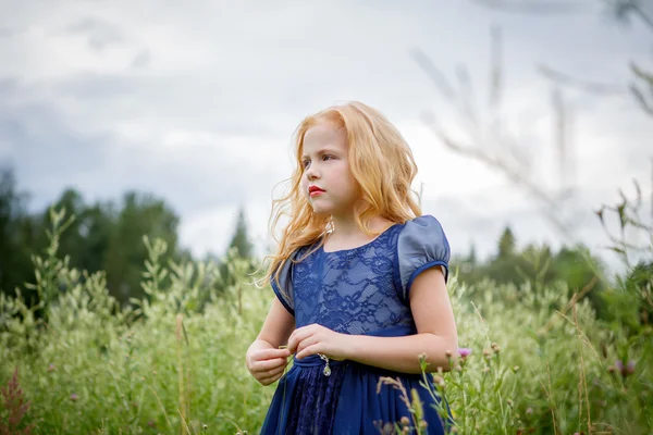 Retrato de hermosa niña en el vestido azul —  Fotos de Stock