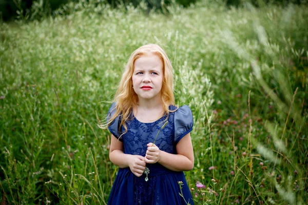 Portret van mooie meisje in de blauwe jurk — Stockfoto