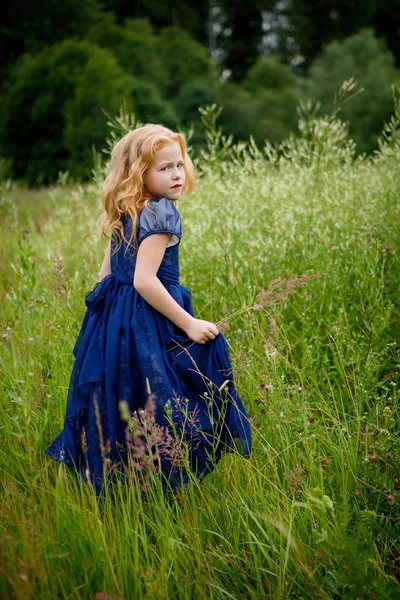 Mavi elbiseli güzel küçük kız portresi