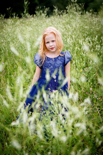 Portrait de belle petite fille dans la robe bleue — Photo