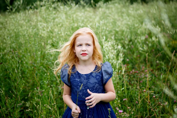 Retrato de hermosa niña en el vestido azul —  Fotos de Stock