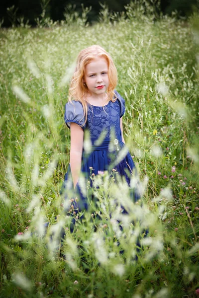 Portrait de belle petite fille dans la robe bleue — Photo