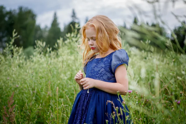 Portrait de belle petite fille dans la robe bleue — Photo