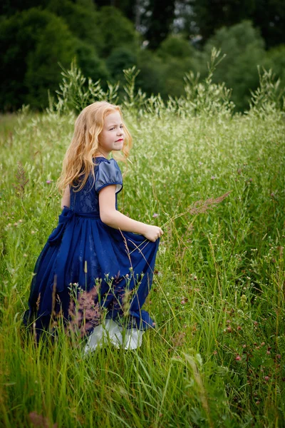 Portret van mooie meisje in de blauwe jurk — Stockfoto