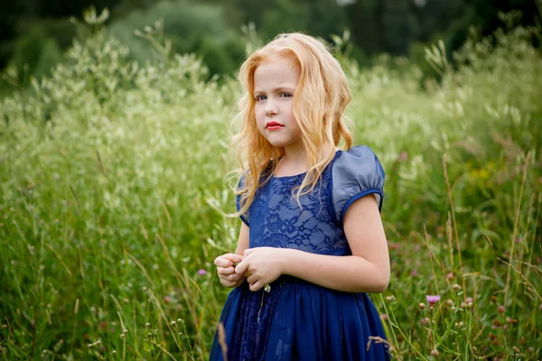 Retrato de hermosa niña en el vestido azul — Foto de Stock